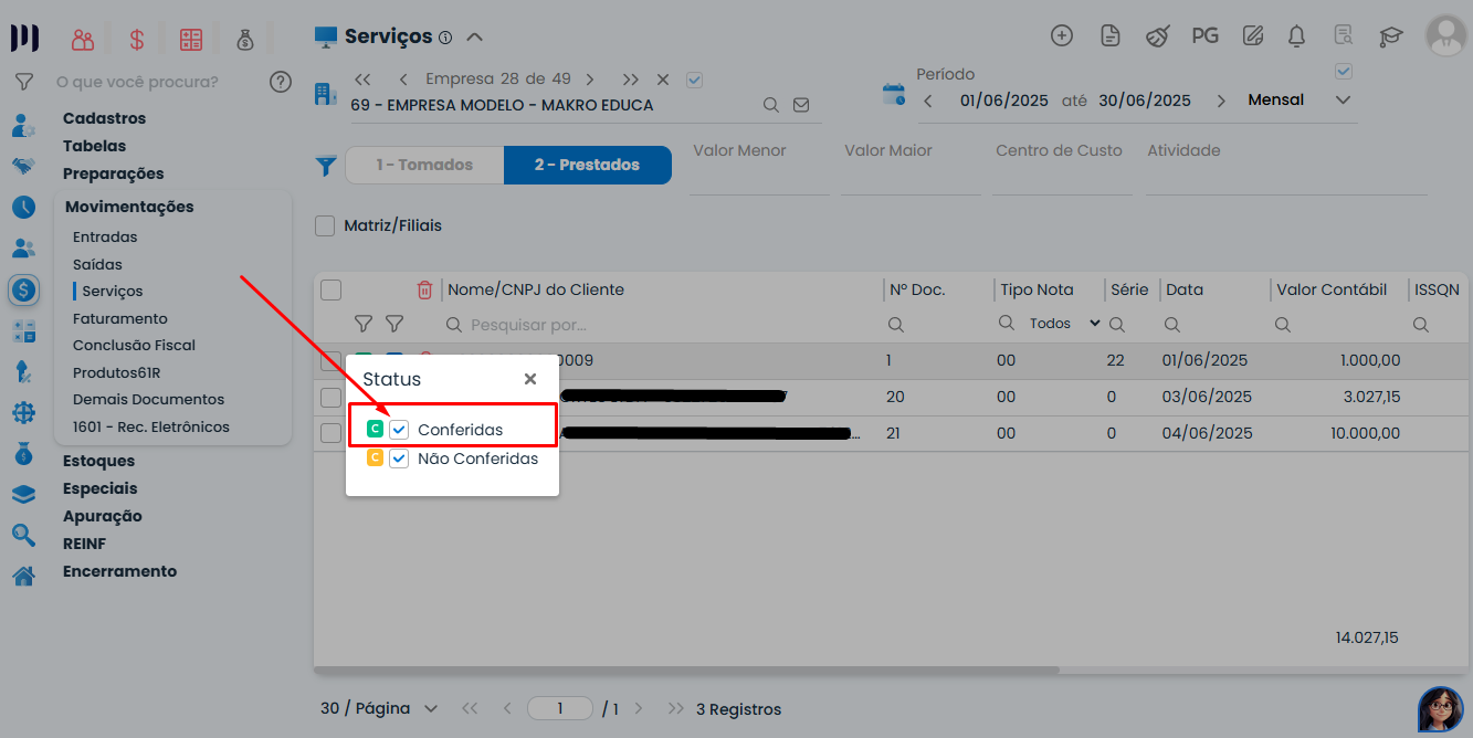 Tela do Sistema Contábil Makro com filtro de status exibindo apenas notas conferidas após validar Notas-fiscais-importadas-sem-conferencia.