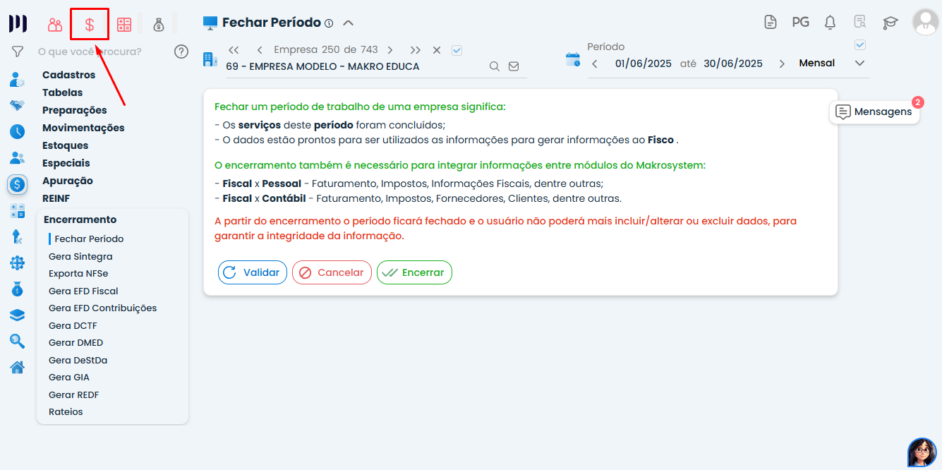 Tela do módulo Fiscal no Sistema Contábil Makro destaca o acesso ao encerramento para tratar Tarefas de Pré-Encerramento pendentes.