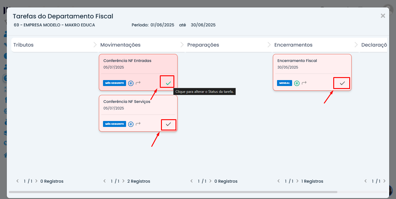 Painel de tarefas do Sistema Contábil Makro mostra atividades destacadas em vermelho para atualizar Tarefas de Pré-Encerramento pendentes.