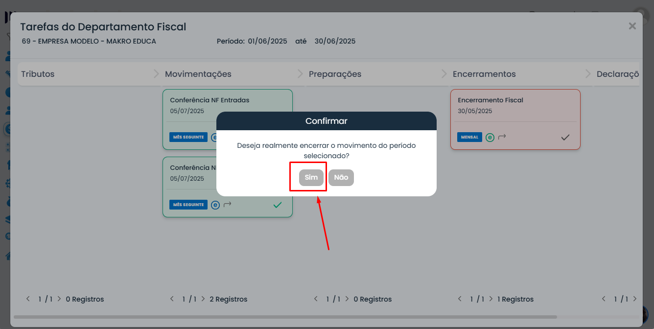 Janela de confirmação do Sistema Contábil Makro solicita validação do encerramento após concluir Tarefas de Pré-Encerramento pendentes.