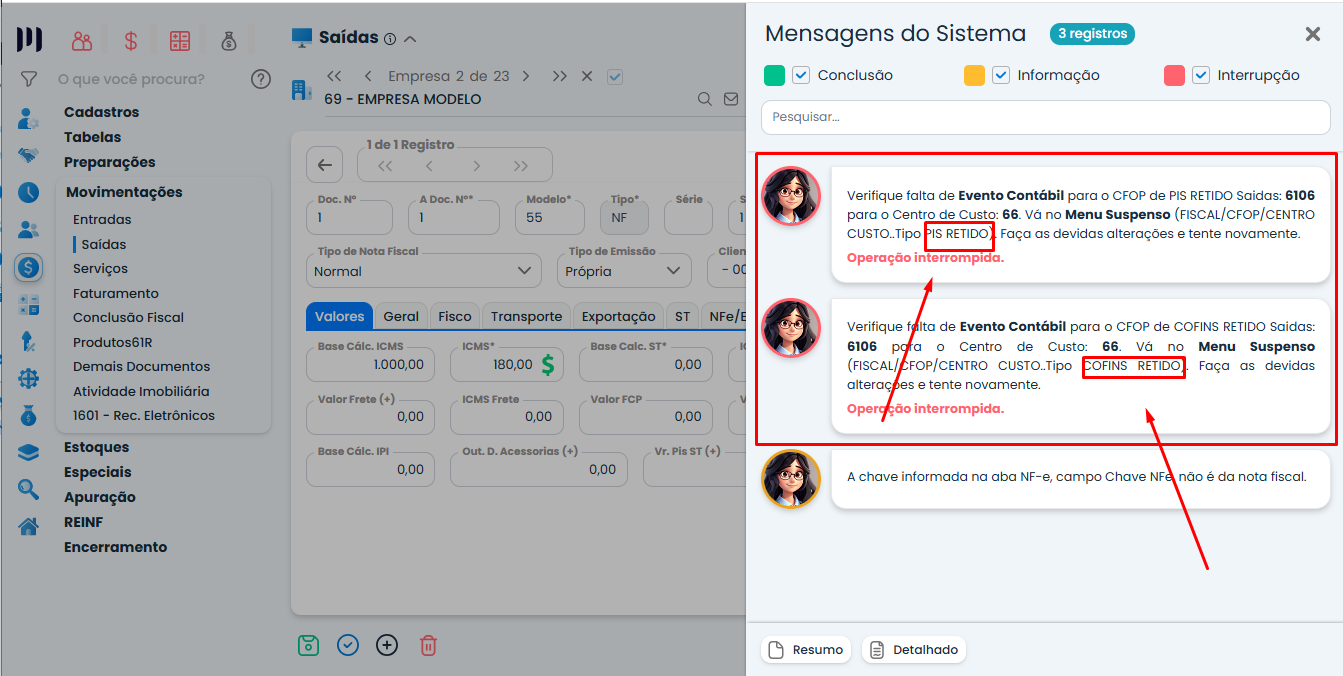 Erro de Evento contábil ao salvar a nota fiscal exibido nas mensagens do Sistema Contábil Makro, destacando a falta de vínculo do evento ao CFOP.
