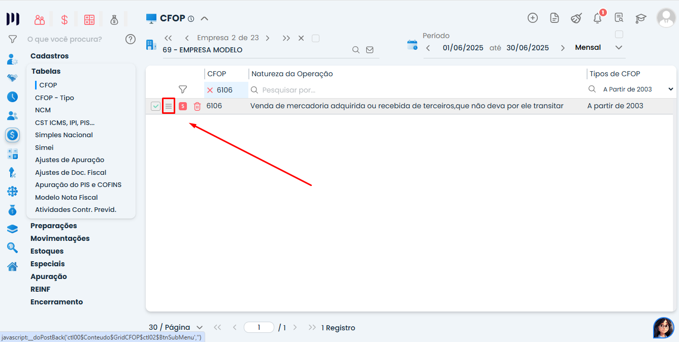 Tela do CFOP no Sistema Contábil Makro destacando o acesso ao submenu para corrigir o Evento contábil ao salvar a nota fiscal.