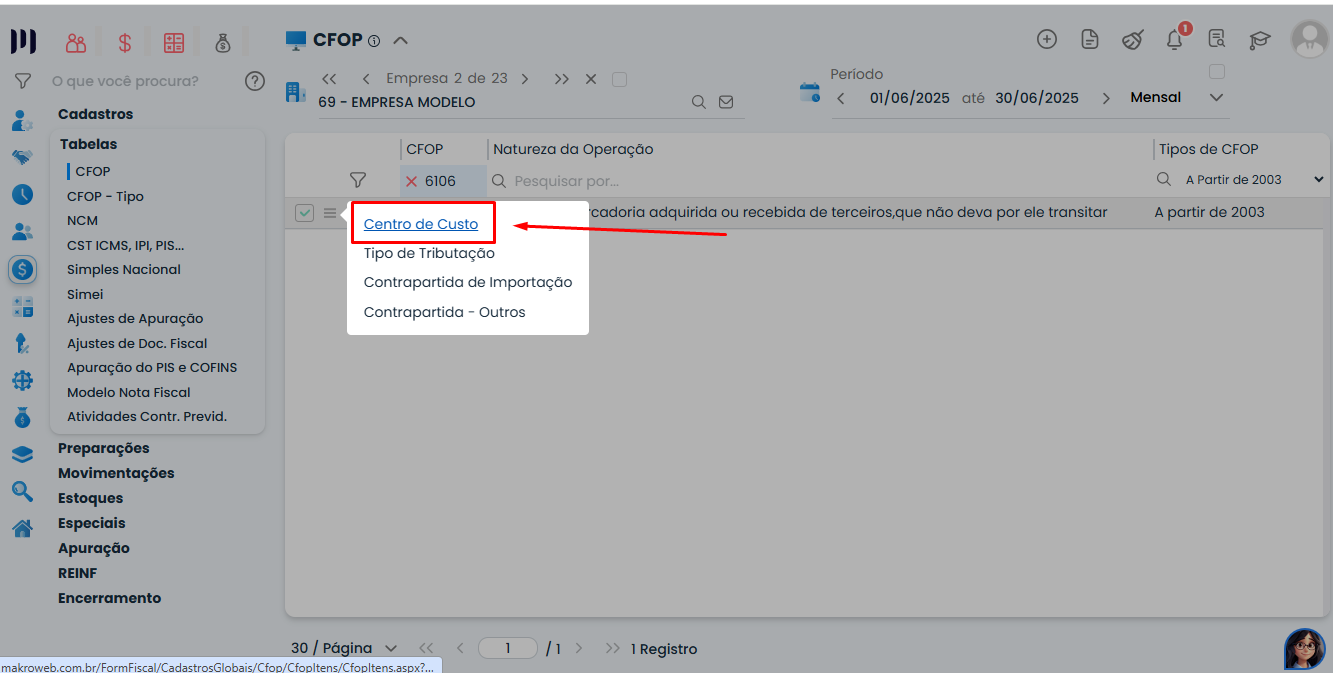 Menu Centro de Custo aberto no cadastro de CFOP do Sistema Contábil Makro para ajustar o Evento contábil ao salvar a nota fiscal.