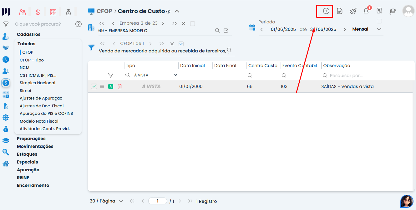 Tela de Centro de Custo do Sistema Contábil Makro com opção de inclusão destacada para corrigir o Evento contábil ao salvar a nota fiscal.