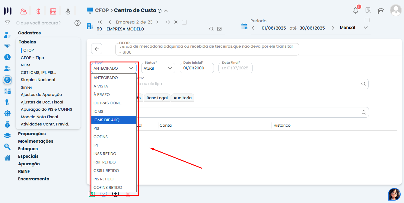 Cadastro de Centro de Custo no Sistema Contábil Makro com seleção do tipo de tributação para resolver o Evento contábil ao salvar a nota fiscal.