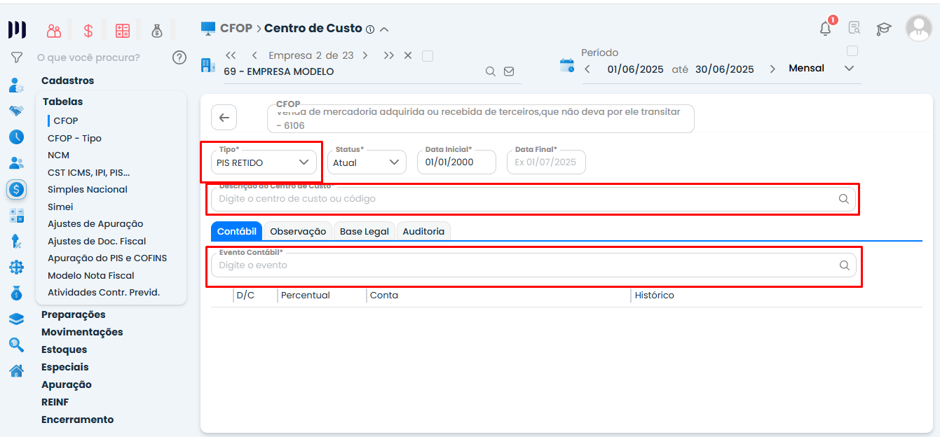 Tela de cadastro no Sistema Contábil Makro para informar Centro de Custo e Evento Contábil, corrigindo o Evento contábil ao salvar a nota fiscal.