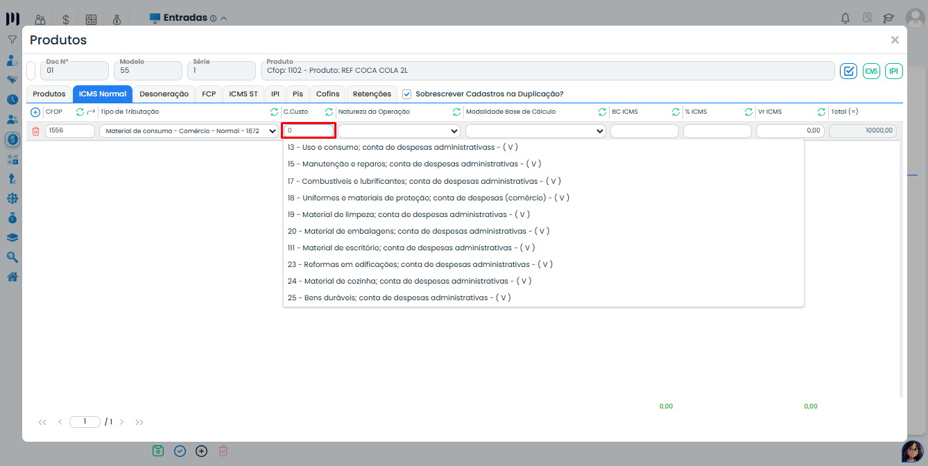 Tela do Sistema Contábil Makro exibindo o campo C.Custo com lista de centros disponíveis para realizar a Validação Centro de Custo.