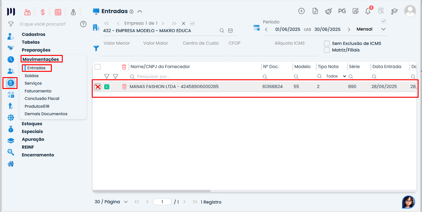 Tela do Sistema Contábil Makro exibindo o menu Fiscal com a nota fiscal selecionada para Baixa de Nota Fiscal em PDF.