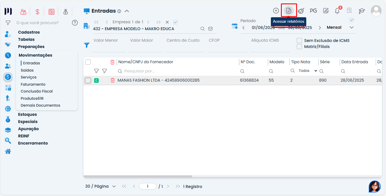 Tela do Sistema Contábil Makro destacando o acesso ao menu de relatórios para realizar a Baixa de Nota Fiscal em PDF.