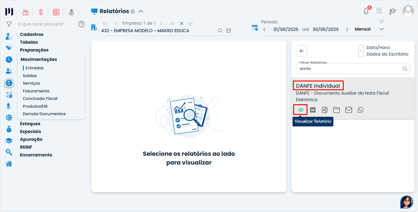 Tela do Sistema Contábil Makro mostrando o relatório DANFE Individual para Baixa de Nota Fiscal em PDF com opção de visualização.