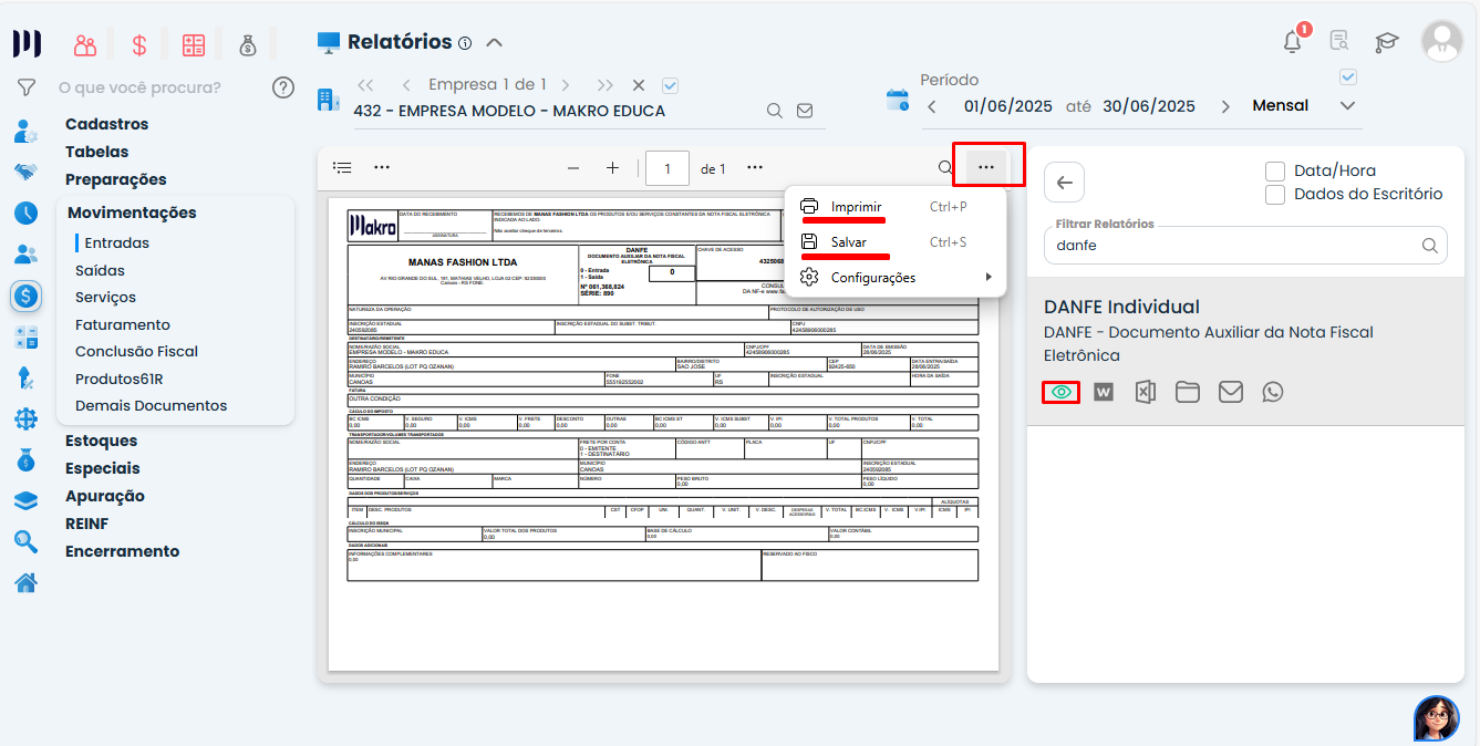 Tela do Sistema Contábil Makro exibindo o DANFE Individual e o menu para salvar ou imprimir na Baixa de Nota Fiscal em PDF.