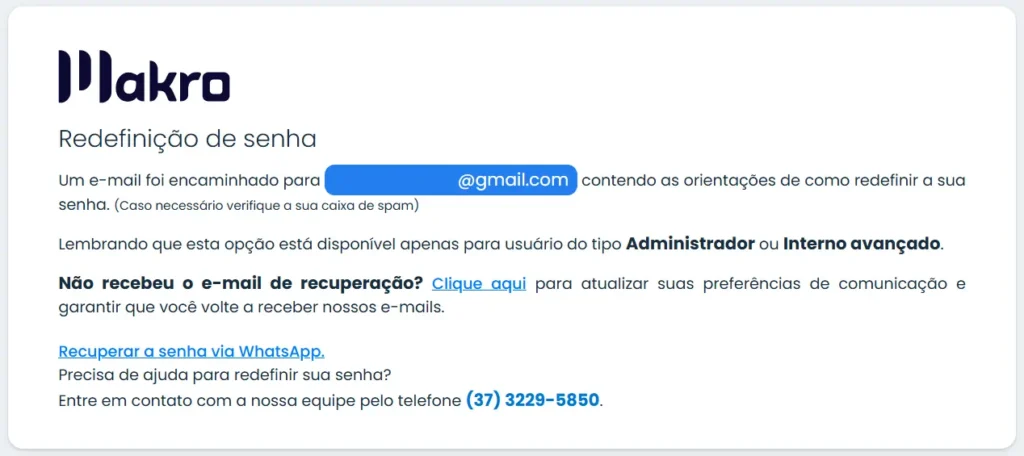 Confirmação de envio de e-mail para recuperar senha do sistema Makro.