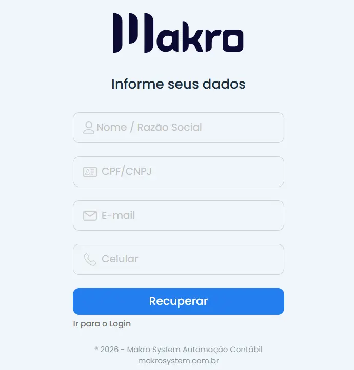 Tela de recuperar senha do sistema Makro com formulário para informar nome ou razão social, CPF/CNPJ, e-mail e celular, além do botão azul "Recuperar" e link para login.