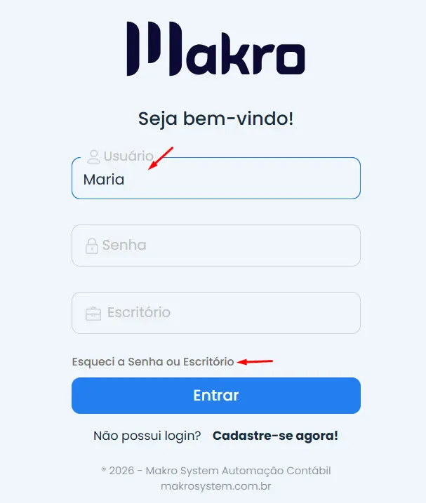 Tela de login do sistema Makro destacando a opção para recuperar senha do sistema Makro pelo link "Esqueci a Senha ou Escritório".