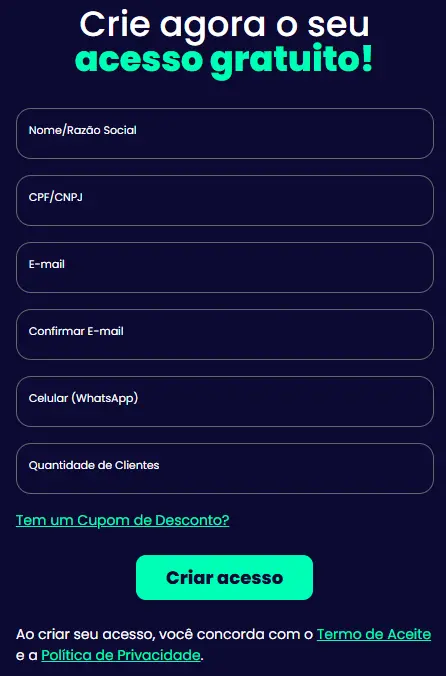 Tela de cadastro do plano gratuito do sistema Makro com formulário para criação de acesso, utilizada como alternativa para recuperar senha do sistema Makro quando o usuário não se lembra do nome do escritório.