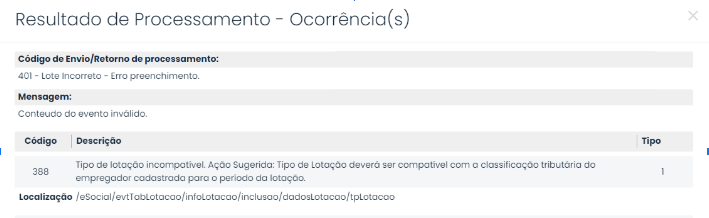 Tela de ocorrência do eSocial exibindo o erro 388 Tipo de lotação incompatível no Sistema Contábil Makro durante o processamento do evento.