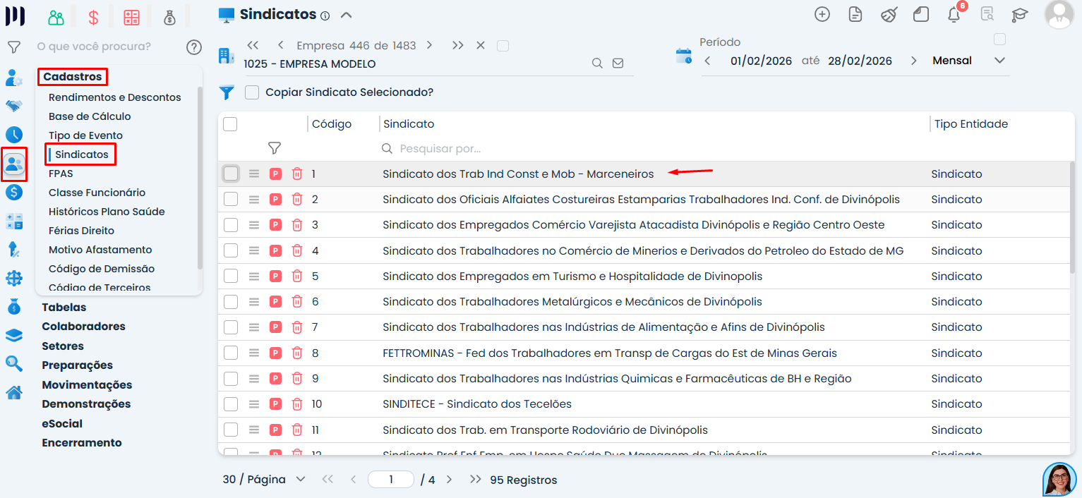 Tela do Sistema Contábil Makro exibindo a lista de sindicatos para localizar o cadastro vinculado e corrigir o Erro 17 S-2200 no eSocial.