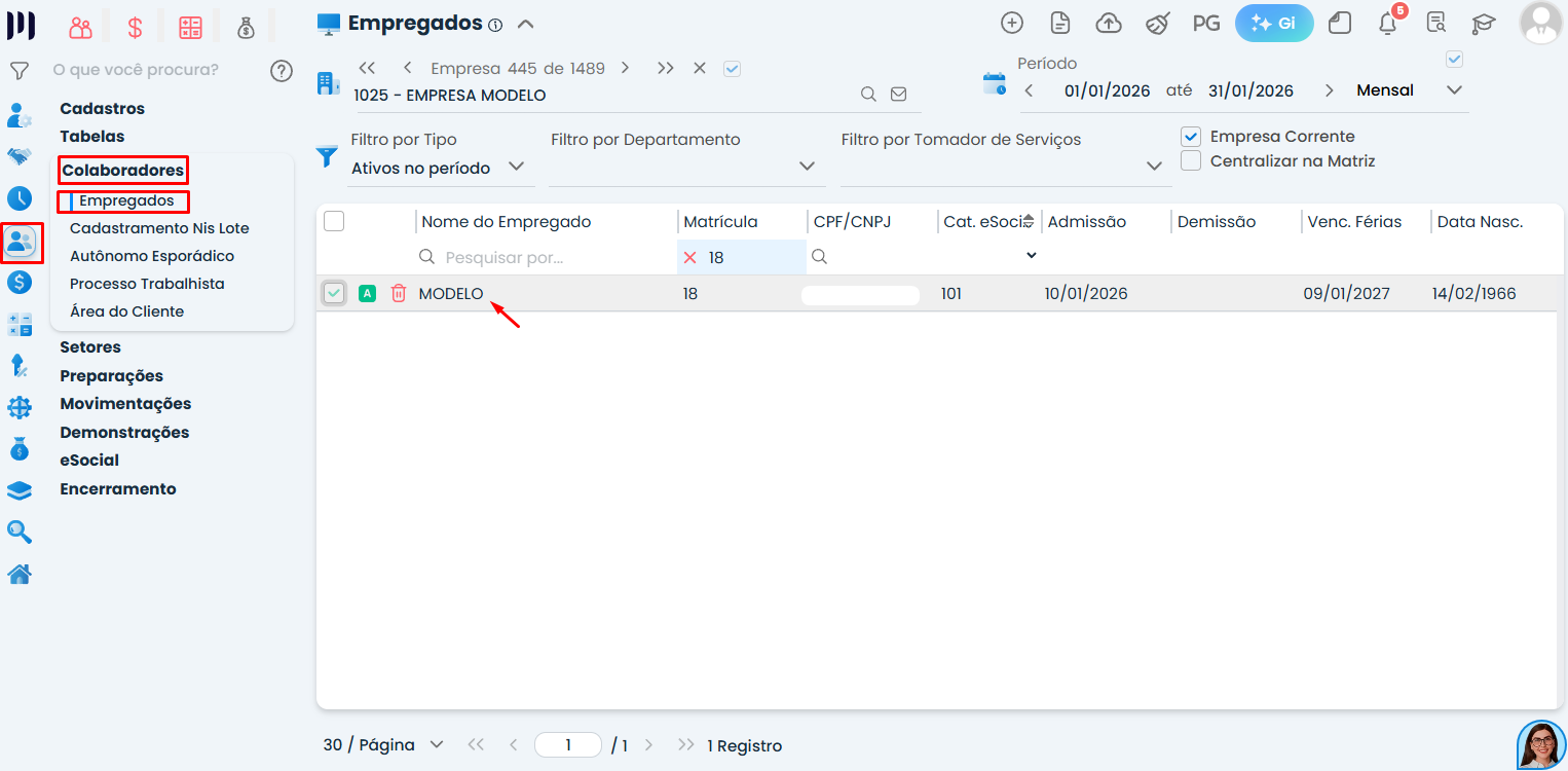 Tela do Sistema Contábil Makro com acesso ao cadastro de empregados para corrigir Jornada variável antes do envio do evento S-2200 ao eSocial.