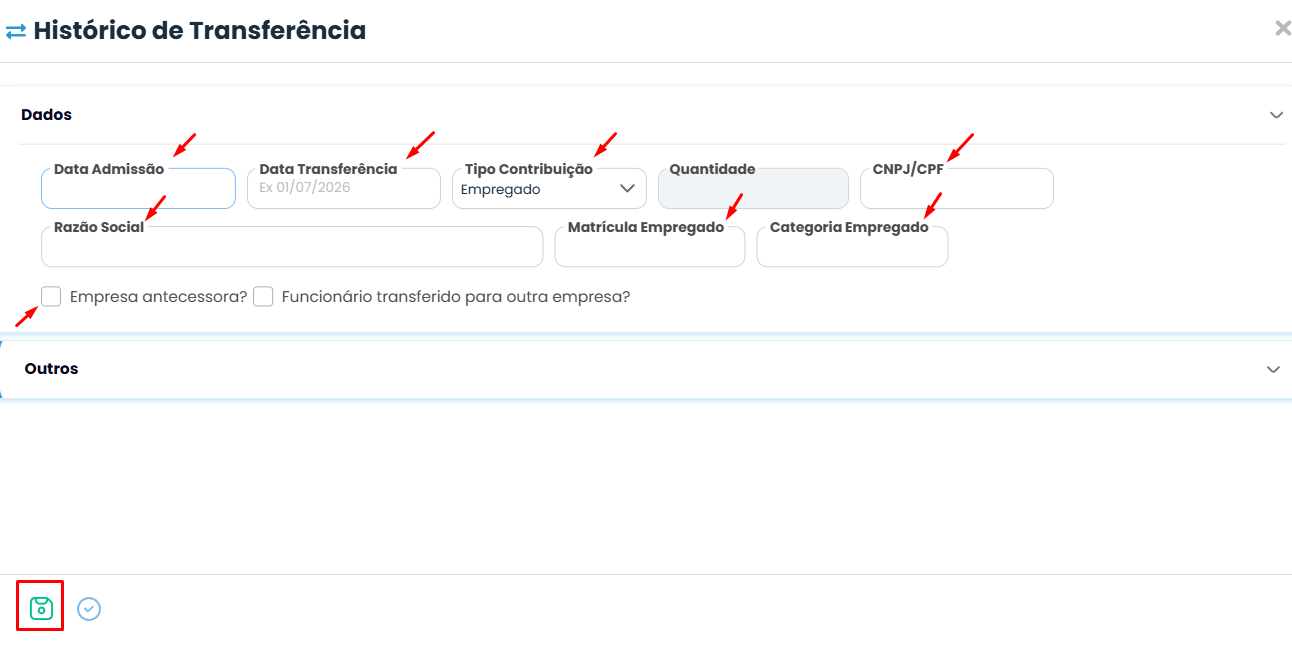 Histórico de Transferência no Sistema Contábil Makro exibe campos do vínculo anterior para corrigir CPF do trabalhador em branco no S-2200.