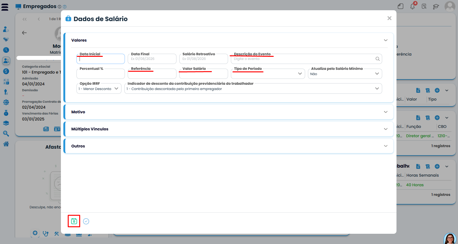 Janela Dados de Salário no Sistema Contábil Makro exibe campos para preencher valores e corrigir o erro de salário contratual em branco.