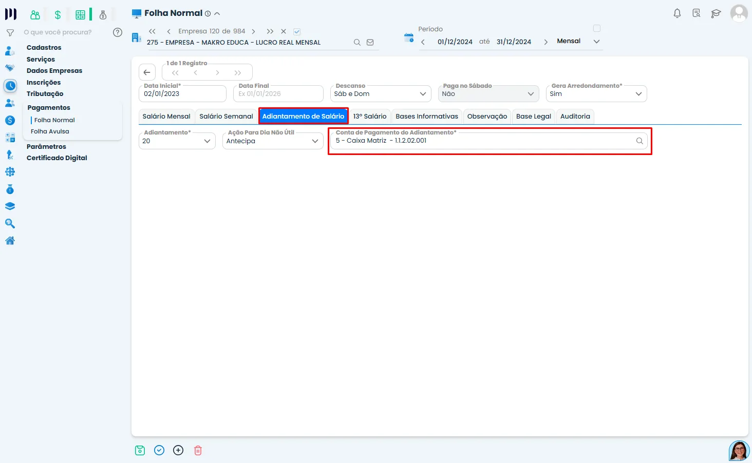 Tela do Sistema Contábil Makro exibe a conta para adiantamento salarial, vinculada à configuração do Pagamento da Folha de Pagamento.