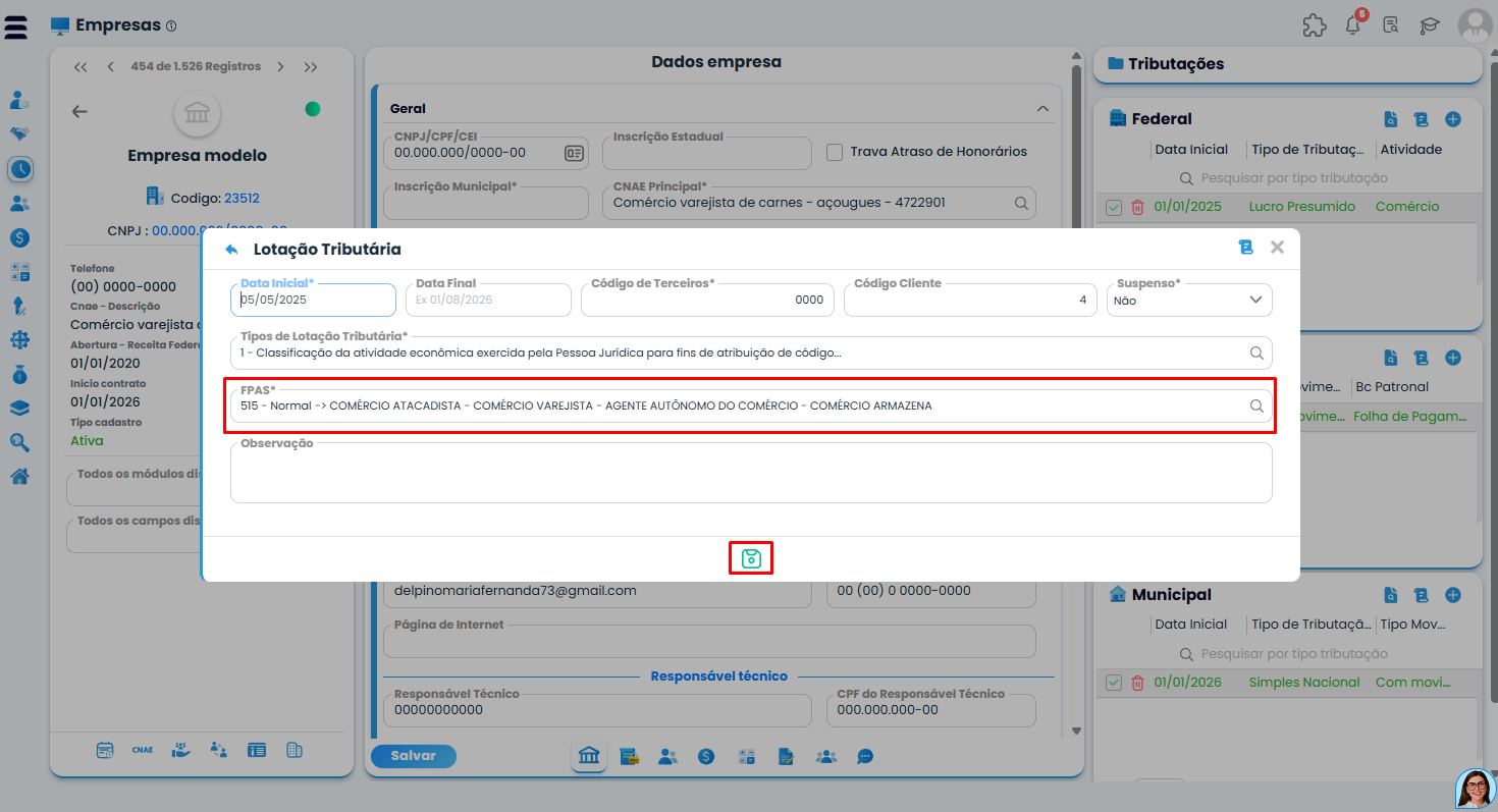 Sistema Contábil Makro mostra a Lotação Tributária com campo FPAS destacado para conferência e correção do erro eSocial 702.