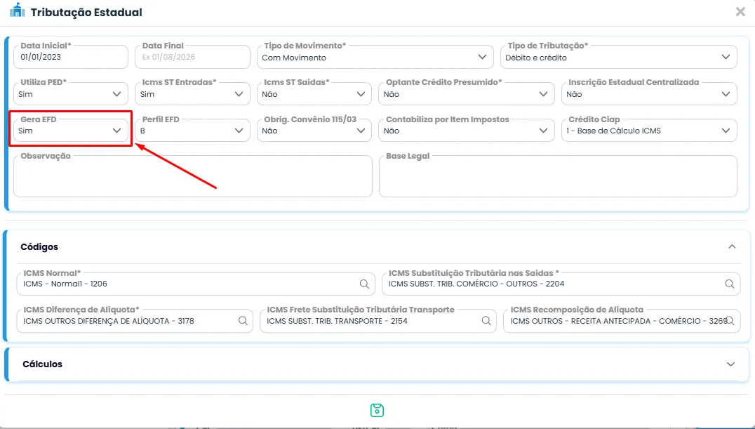 Tela de Tributação Estadual do Sistema Contábil Makro destaca o campo Gera EFD como Sim para configurar a ECD com arquivo único.