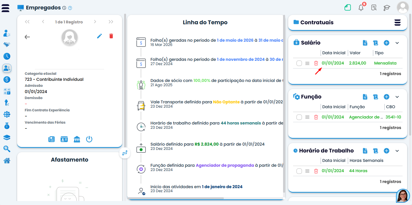 Tela do Sistema Contábil Makro destacando o último registro de salário do empregado para configurar corretamente o Desconto de INSS.