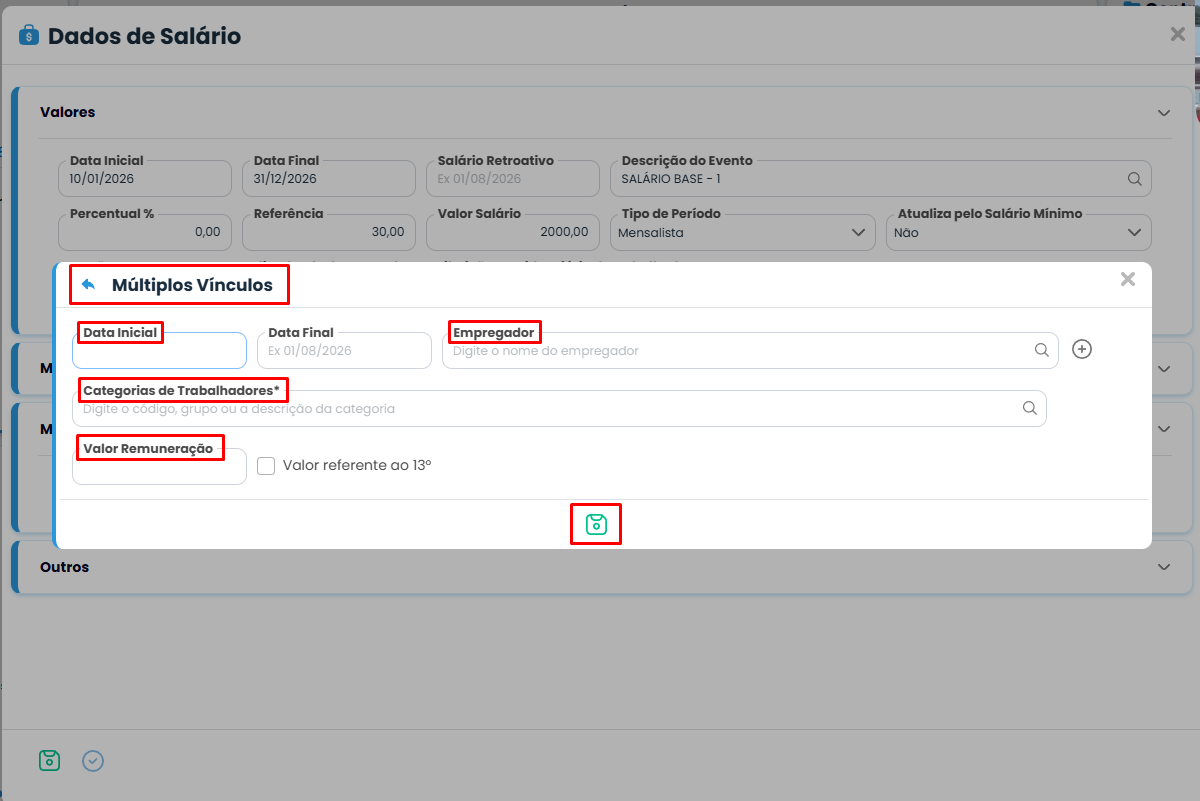 Tela do Sistema Contábil Makro com o formulário de Múltiplos Vínculos para informar empregador, categoria e remuneração do Desconto de INSS.