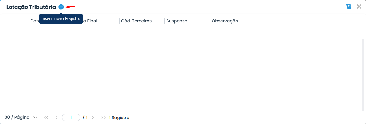 Janela de Lotação Tributária s-1020 no Sistema Contábil Makro destaca o botão para inserir um novo registro no cadastro da empresa.