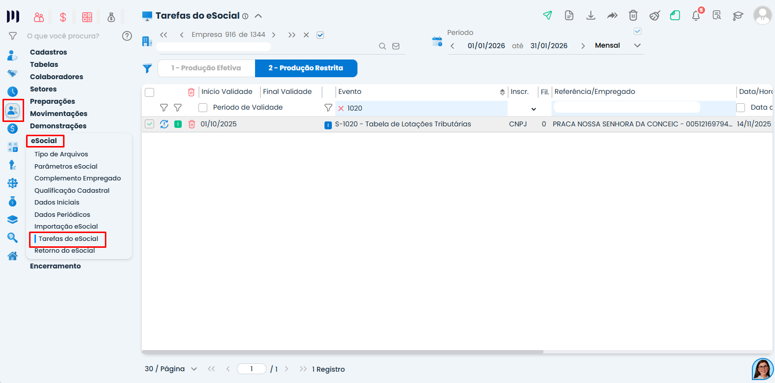 Tela de Tarefas do eSocial no Sistema Contábil Makro exibe a Lotação Tributária s-1020 na tabela de eventos para envio ao eSocial.