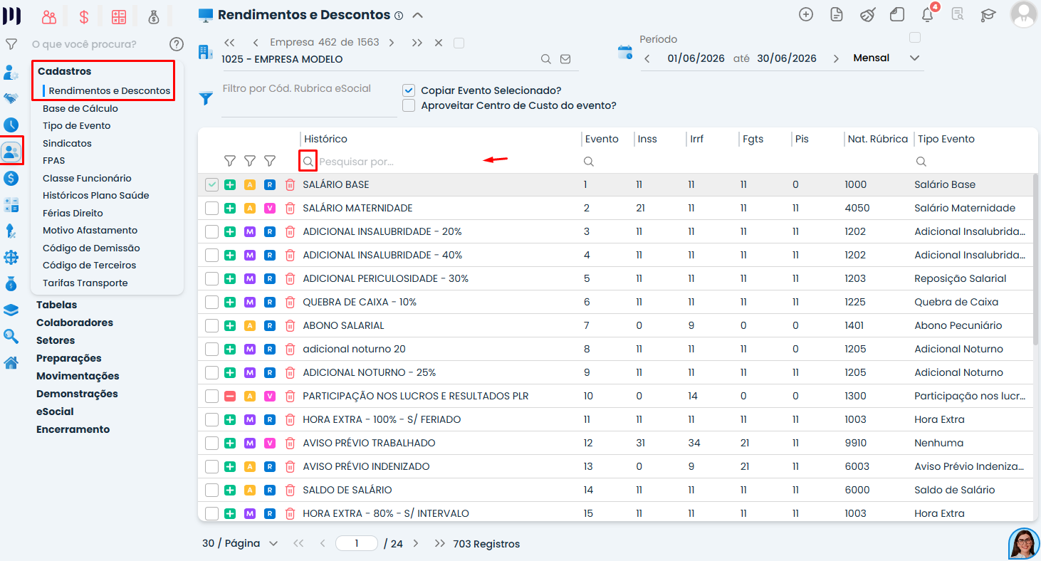 Tela de Rendimentos e Descontos do Sistema Contábil Makro, com busca de eventos para corrigir o erro Somatório dos Proventos no eSocial.