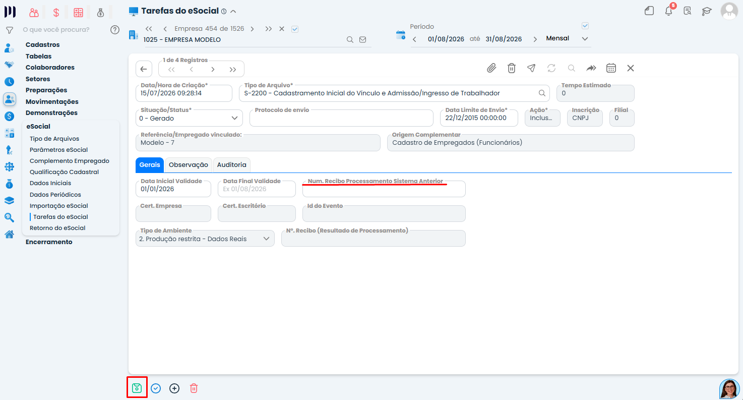Tela de Tarefas do eSocial no Sistema Contábil Makro destaca o campo de número do recibo para solucionar a rejeição eSocial 170.