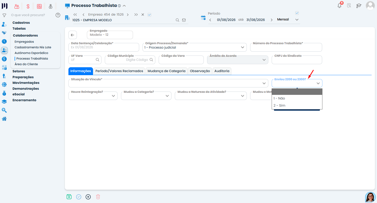 Tela de Processo Trabalhista no Sistema Contábil Makro destaca a opção de envio do S-2200 como Sim para solucionar o erro eSocial 170.