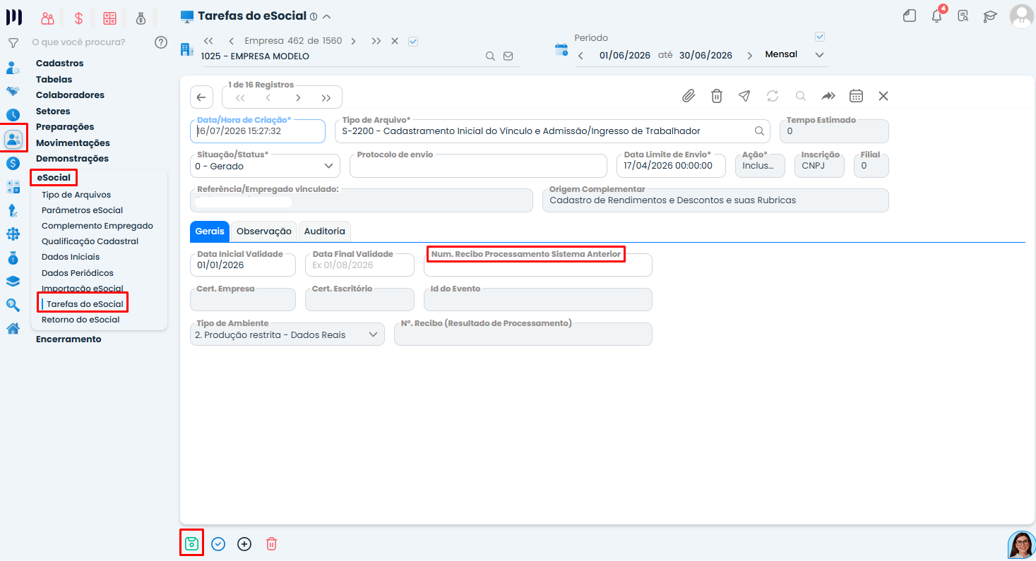 Tela de Tarefas do eSocial no Sistema Contábil Makro destaca o campo de recibo anterior para corrigir a validação eSocial 157.