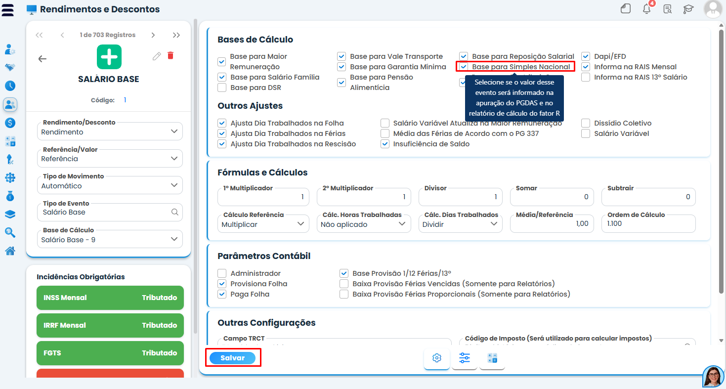 Registro de informações do Fator R no Sistema Contábil Makro, com cadastro da rubrica, opção Base para Simples Nacional marcada e botão Salvar.