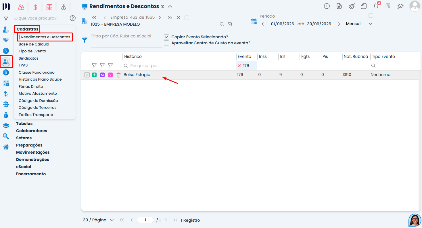 Tela de Rendimentos e Descontos do Sistema Contábil Makro com evento Bolsa Estágio selecionado para configurar INSS e FGTS.