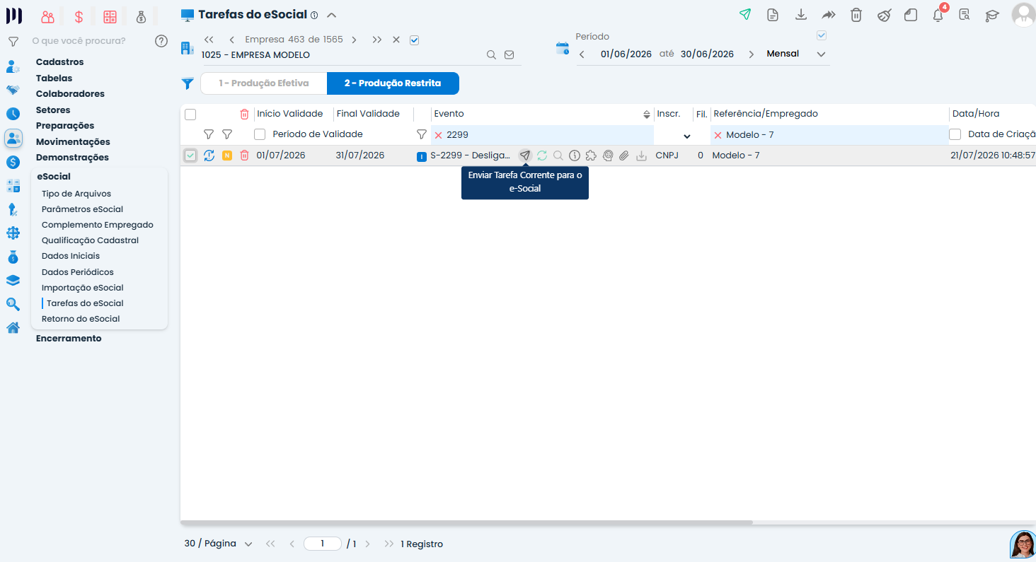 Tarefas do eSocial no Sistema Contábil Makro com evento S-2299 selecionado para novo envio após realizar a correção do erro eSocial 553.