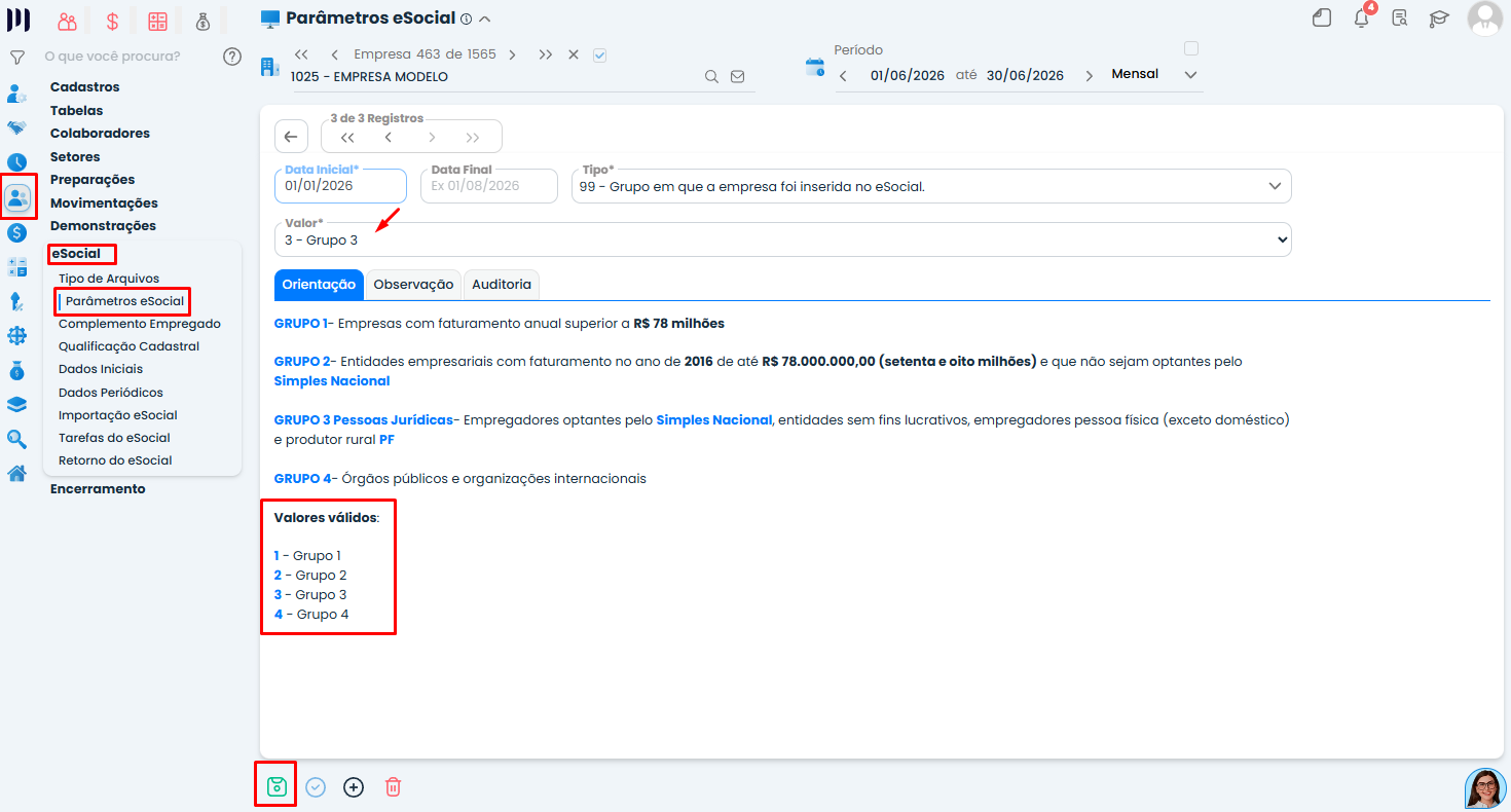 Parâmetros do eSocial no Sistema Contábil Makro destacando o grupo da empresa, configuração que deve ser conferida no erro eSocial 553.