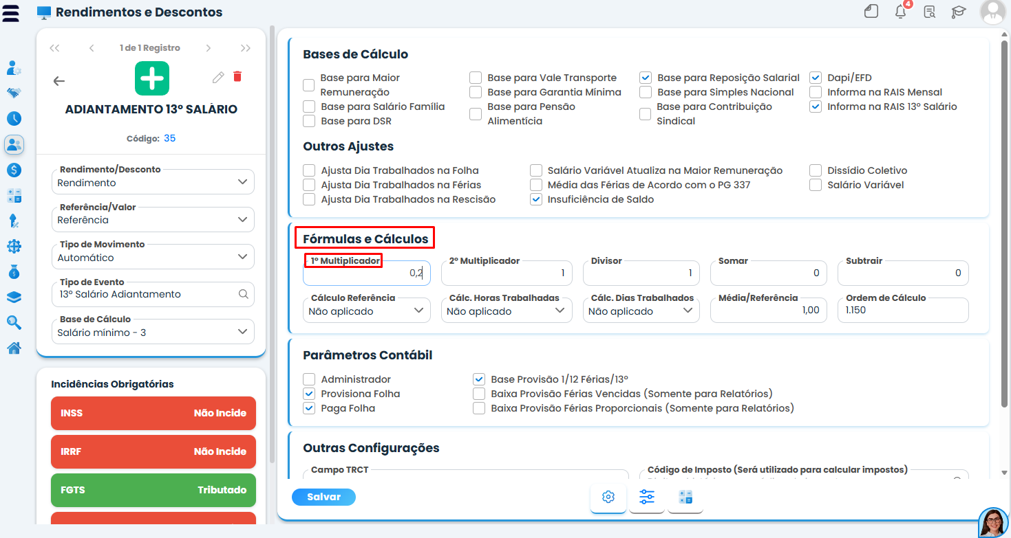 Tela do Sistema Contábil Makro destaca Fórmulas e Cálculos e multiplicador 0,2 no Cálculo de percentual sobre o salário mínimo.
