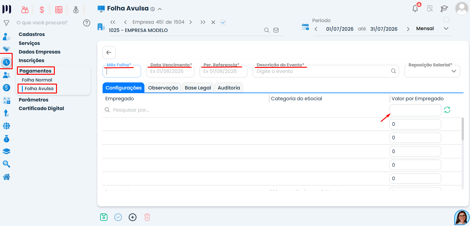 Tela de configuração da Geração de folha avulsa no Sistema Contábil Makro, com campos para período, vencimento, evento e valor por empregado.