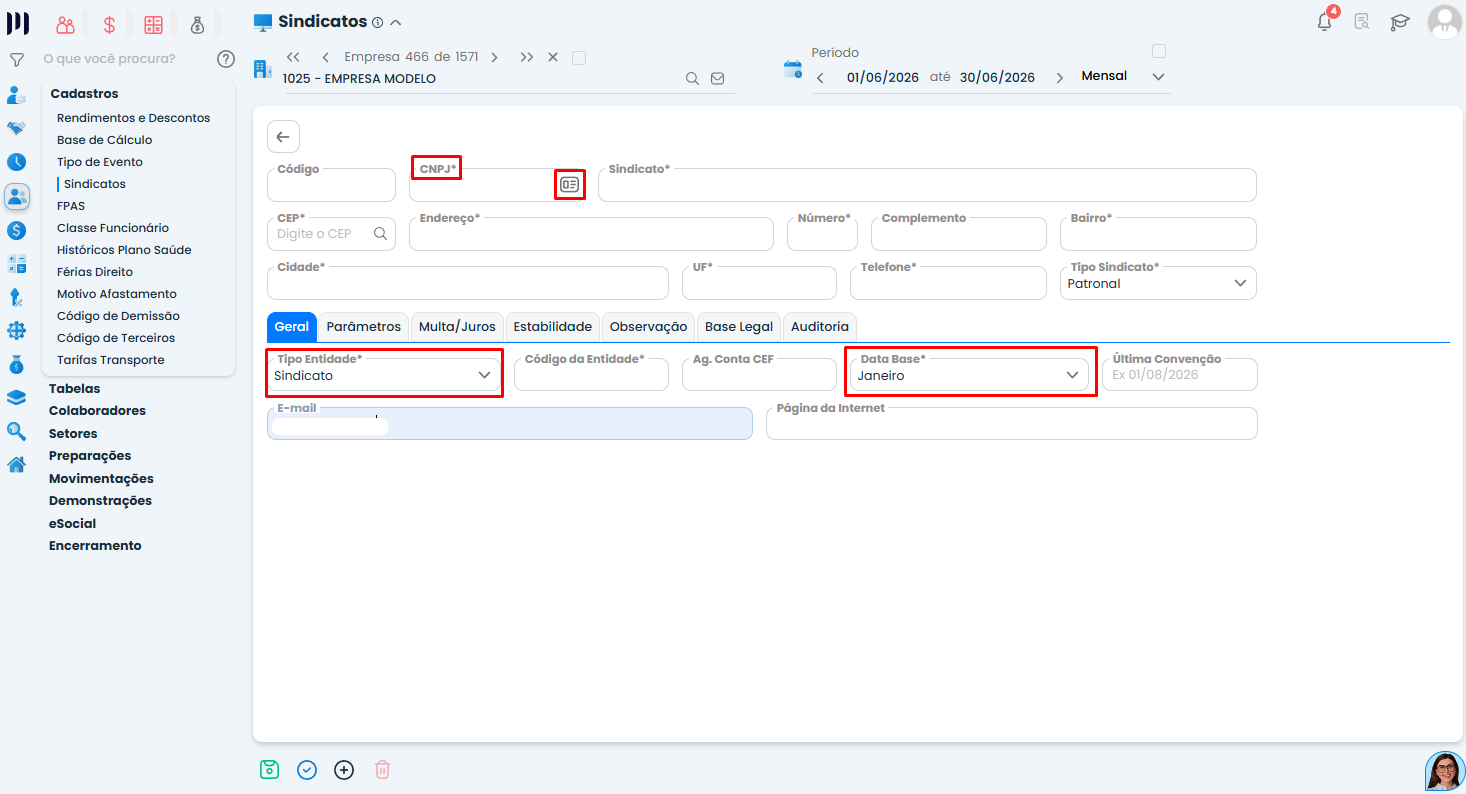 Como cadastrar sindicato no Sistema Contábil Makro: formulário Geral destaca CNPJ, tipo de entidade, tipo de sindicato e data-base.