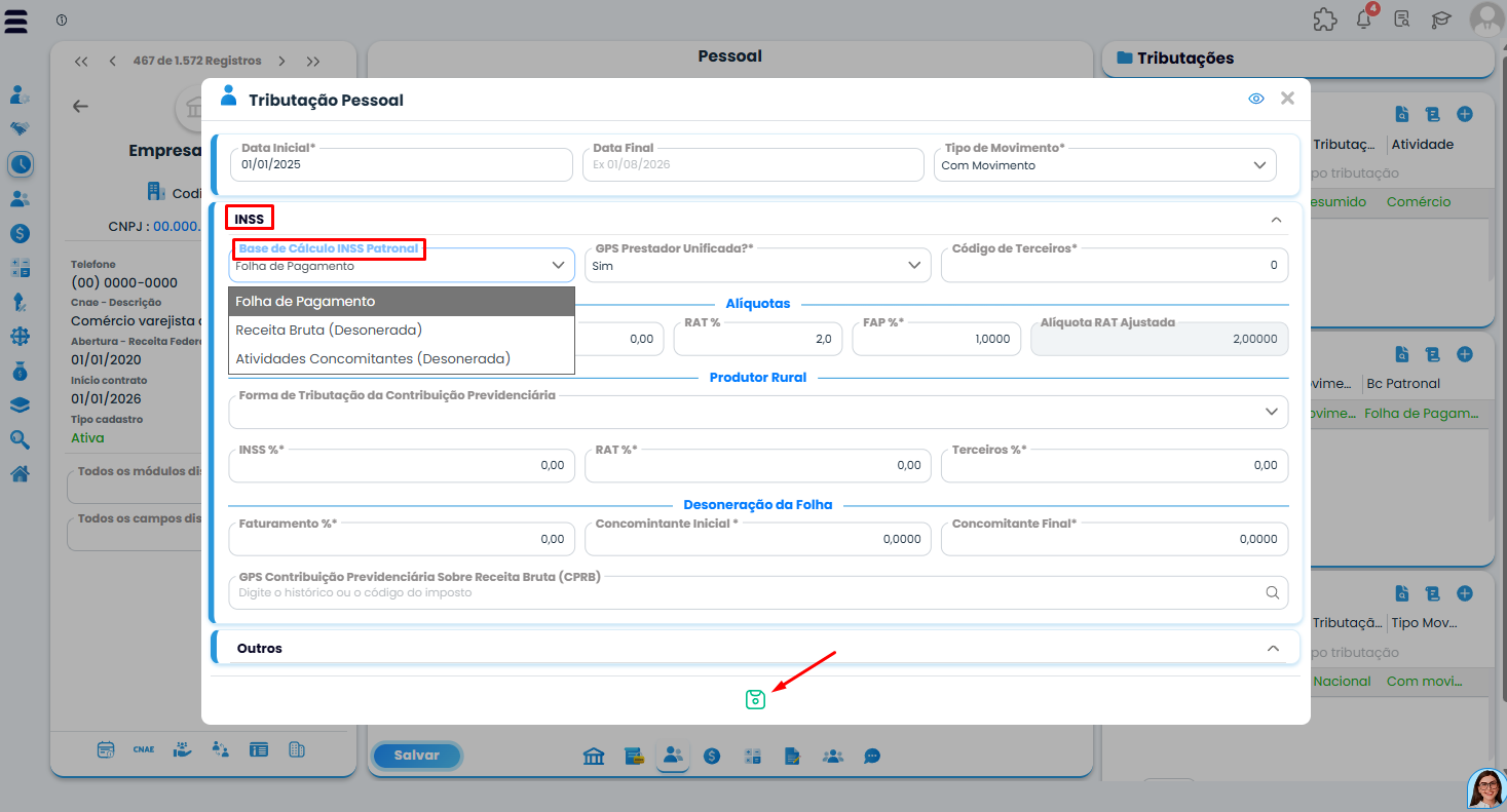 Sistema Contábil Makro exibe Tributação Pessoal com campo Base de Cálculo INSS Patronal para configurar corretamente os Eventos periódicos.