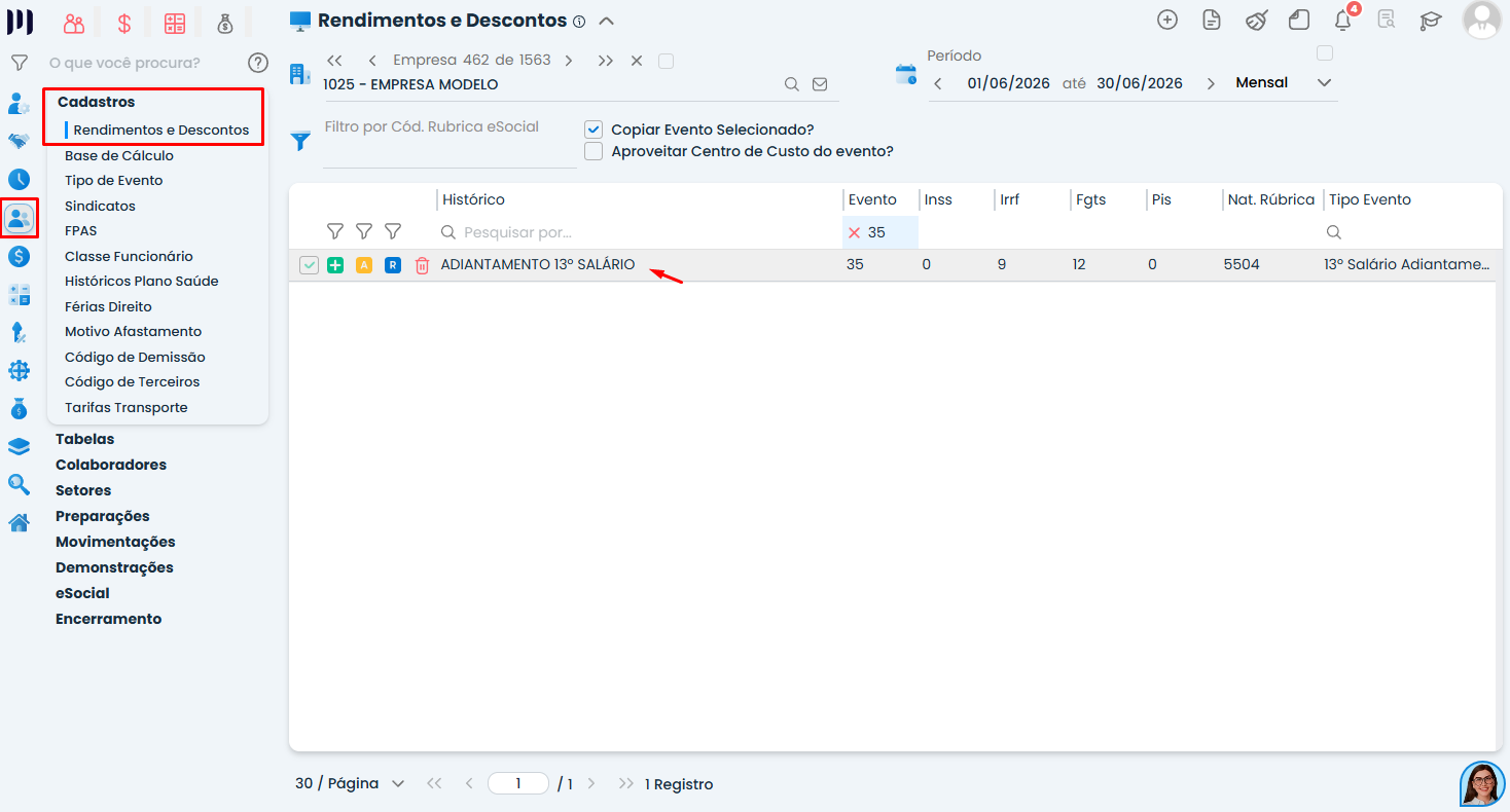 Tela de Rendimentos e Descontos do Sistema Contábil Makro destaca a busca pelo evento Adiantamento do 13º salário para revisar sua parametrização.