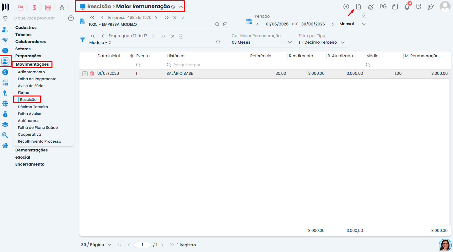 Relatório de médias no Sistema Contábil Makro, com tela de Maior Remuneração exibindo evento, rendimento, média e valor da remuneração.