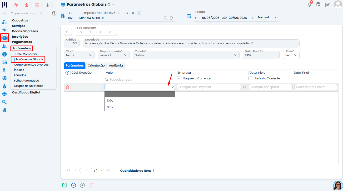 Tela do Sistema Contábil Makro com Parâmetro Global 401 para configurar a inclusão de faltas nas férias, selecionando as opções Sim ou Não.