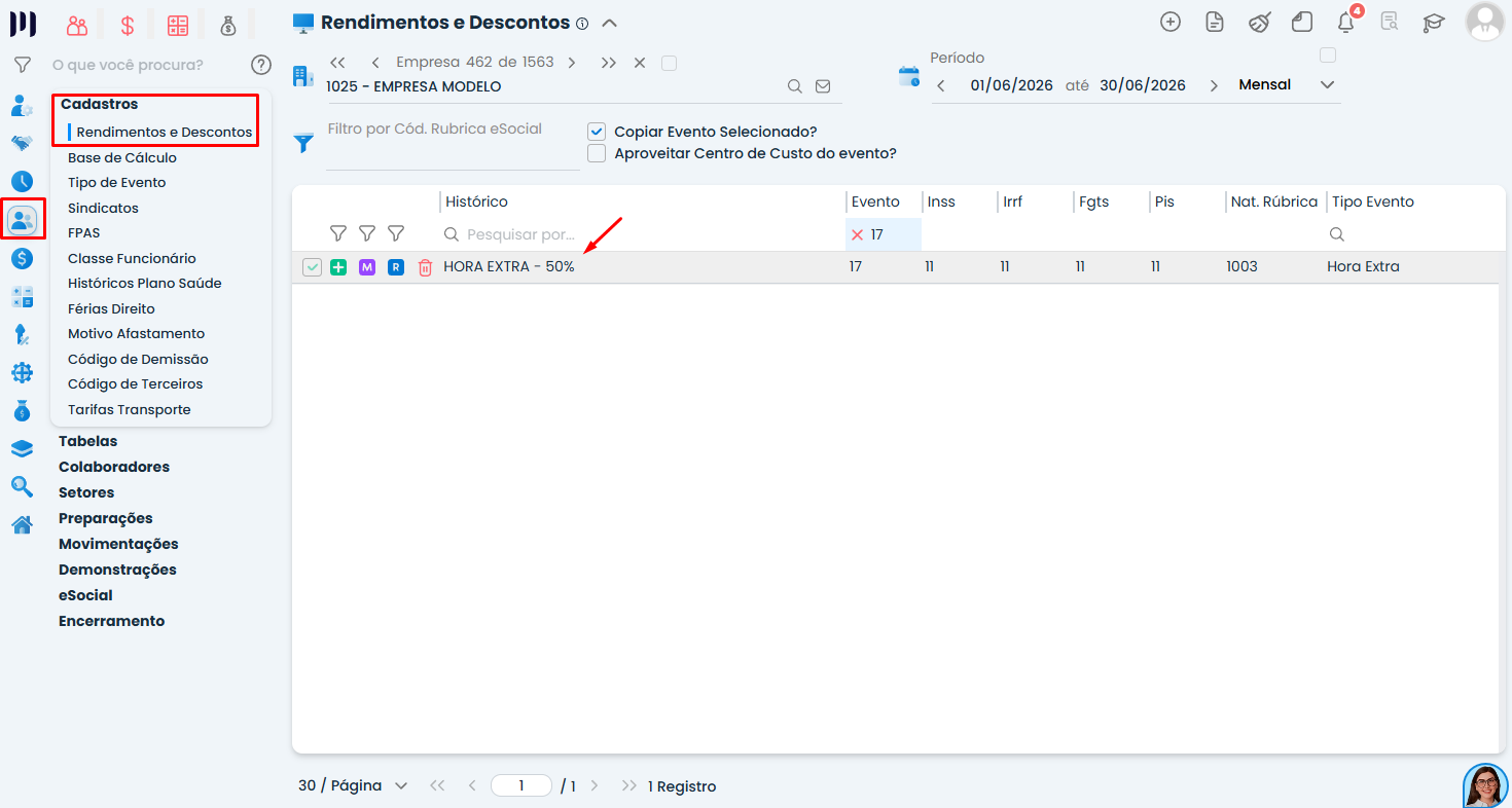 Sistema Contábil Makro exibe cadastro de Hora Extra 50% em Rendimentos e Descontos para verificar Ausência de desconto de INSS na folha.