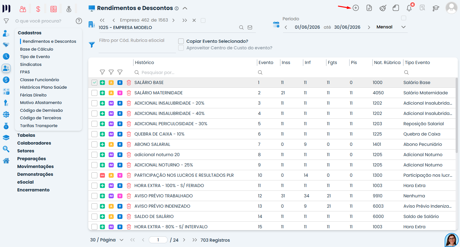 Tela de Rendimentos e Descontos do Sistema Contábil Makro, com lista de rubricas para configurar Evento com cálculo de porcentagem.
