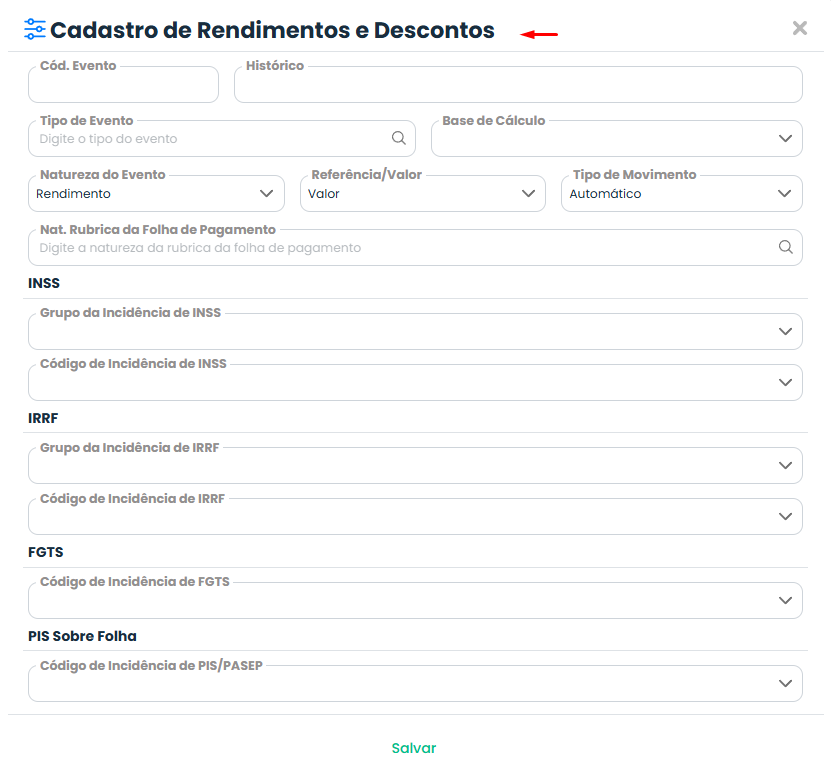 Formulário do Sistema Contábil Makro para cadastrar Evento com cálculo de porcentagem, definindo bases, incidências e Referência/Valor.