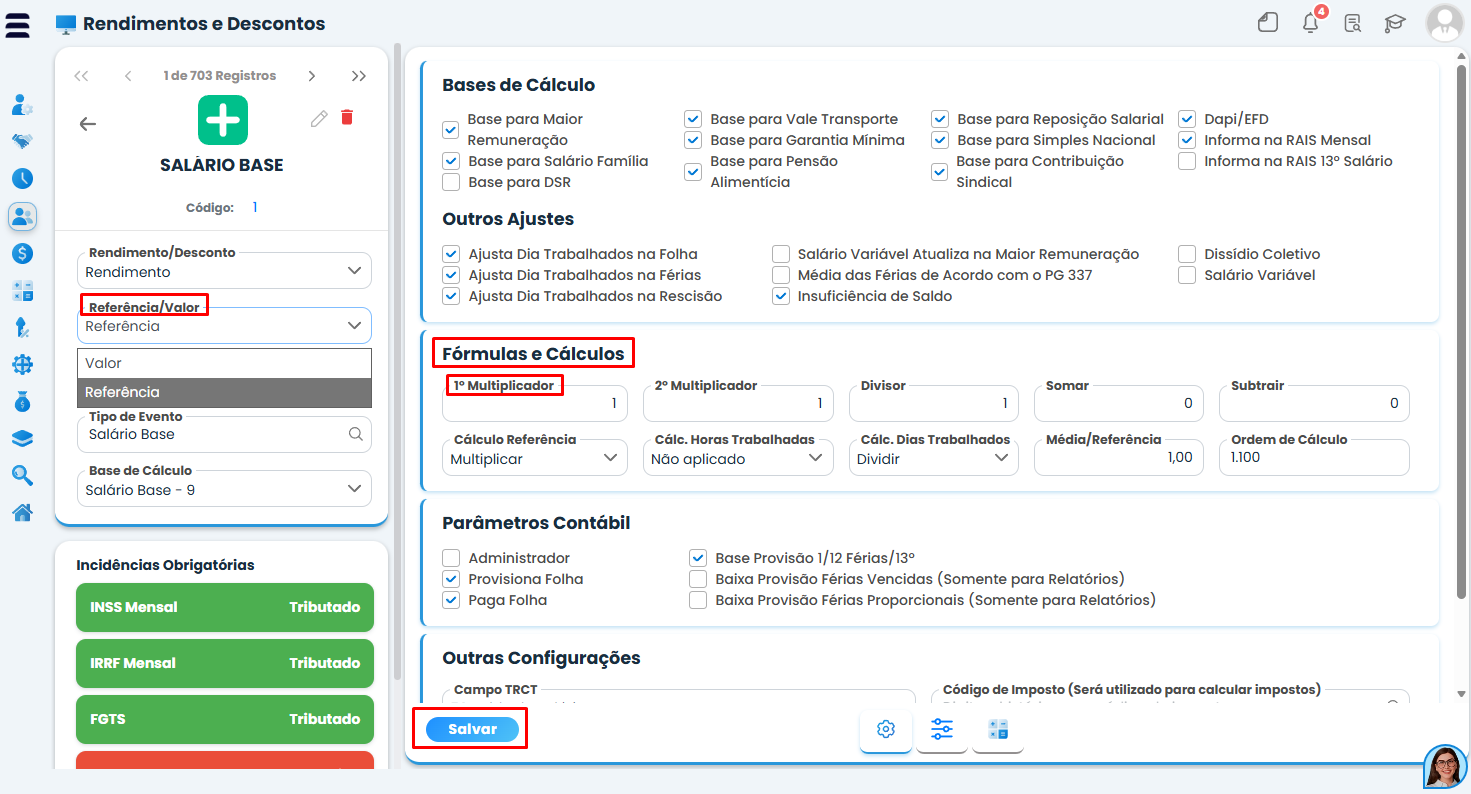 Tela do Sistema Contábil Makro com Referência/Valor e Fórmulas e Cálculos destacados para configurar Evento com cálculo de porcentagem.
